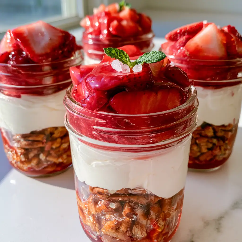 Strawberry Pretzel Salad Jars: The Ultimate Layered Summer Dessert 1 Three Strawberry Pretzel Salad Jars arranged on a white marble countertop in soft morning sunlight.