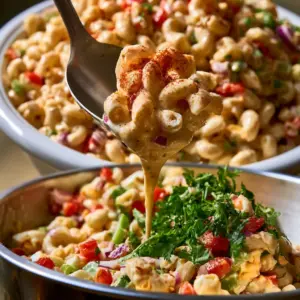 Split screen showing a large scoop of creamy Macaroni salad for a crowd and the salad being tossed in a metal bowl.