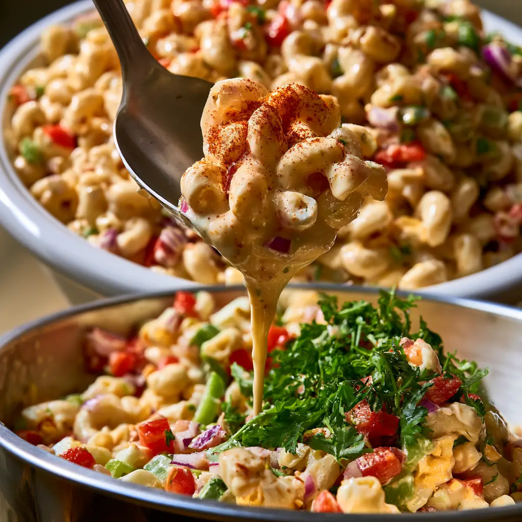 Split screen showing a large scoop of creamy Macaroni salad for a crowd and the salad being tossed in a metal bowl.