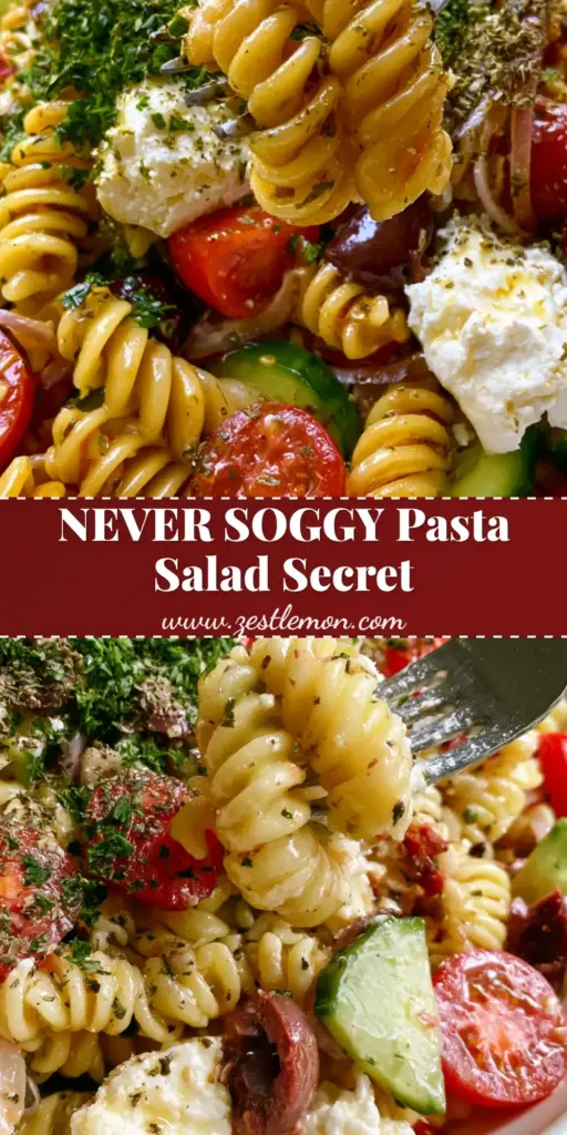 Pasta salad recipe with Zesty Lemon-Herb Vinaigrette and Feta 3 A vibrant Pasta salad recipe in a large white bowl featuring rotini, cherry tomatoes, and feta cheese. (Pasta salad recipe)