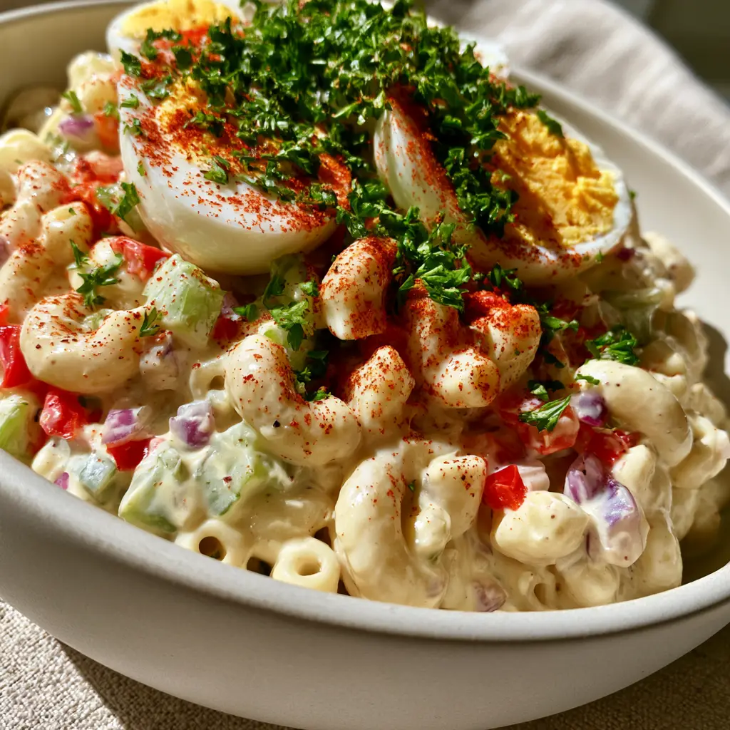 Close-up handheld photo showing the glossy, pale-yellow dressing on tender elbow macaroni. (Macaroni salad digital recipe)