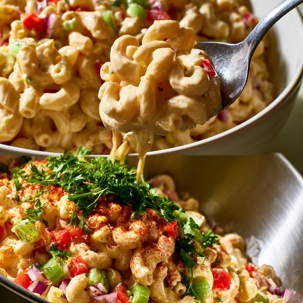 Close-up action shot of tossing Macaroni salad for a crowd with red bell peppers and hard-boiled eggs.
