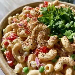 Top-down angled view of Guy Fieri's macaroni salad in a stoneware bowl with visible peas and red peppers.