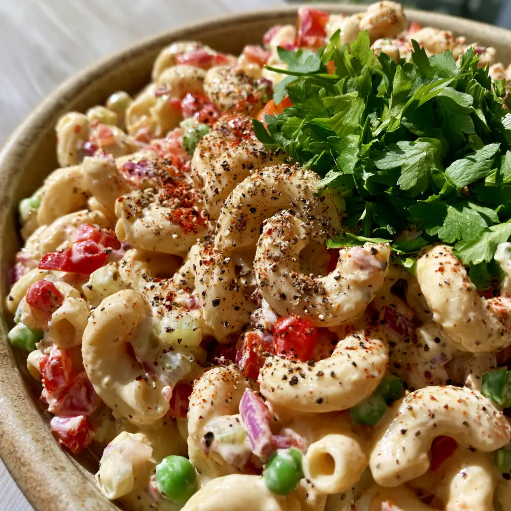 Top-down angled view of Guy Fieri's macaroni salad in a stoneware bowl with visible peas and red peppers.