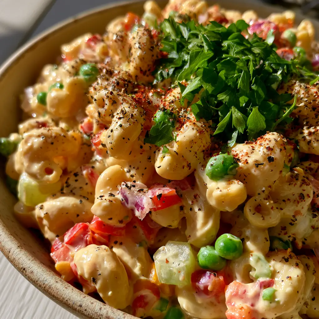 Detailed close-up of macaroni salad showing the smoked paprika dusting and cracked black pepper garnish.