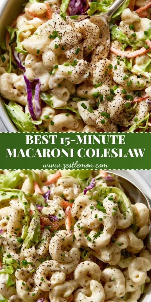 A creamy macaroni coleslaw salad with purple cabbage and chives in a white bowl. (macaroni coleslaw salad)