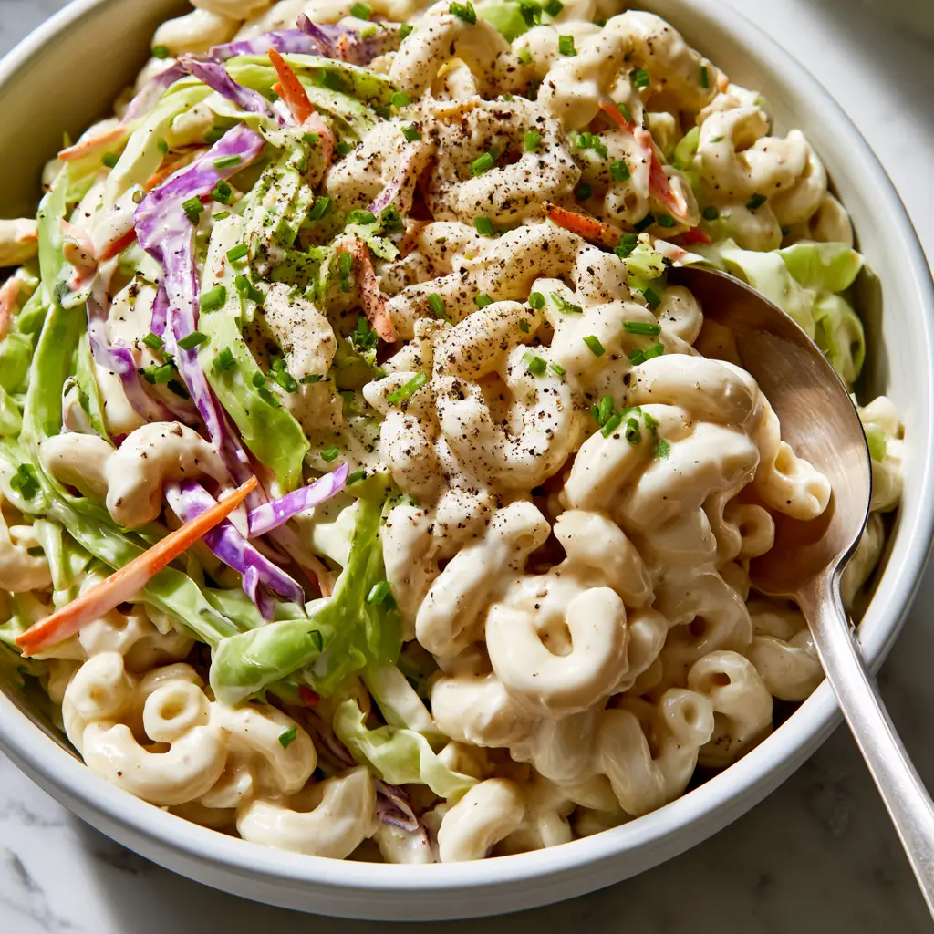 A silver spoon lifting a portion of creamy macaroni coleslaw salad garnished with chives.