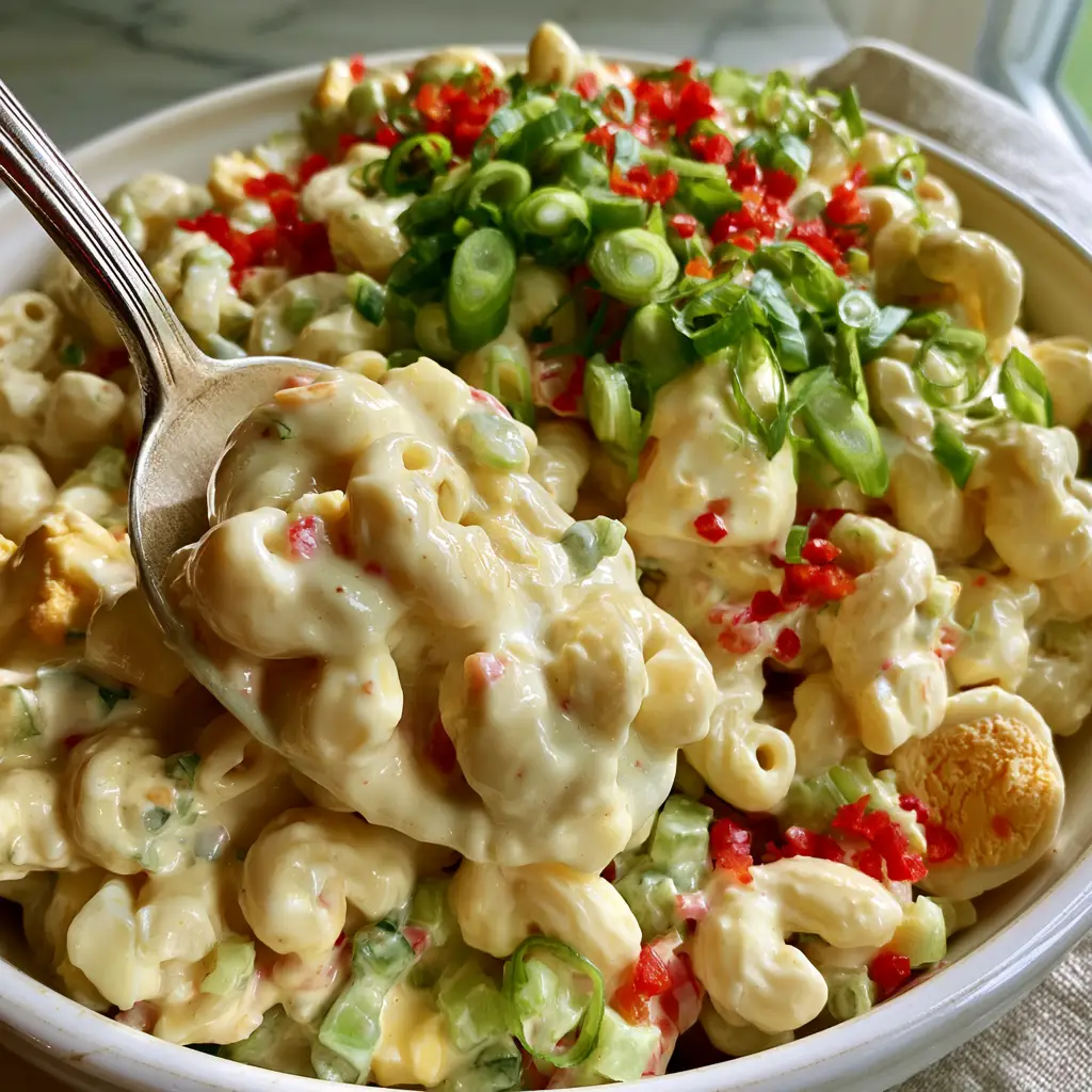 Home 6 Close-up of Dolly Parton macaroni salad with glossy dressing, green onions, and golden egg yolks in a vintage white bowl. (Dolly Parton macaroni salad)