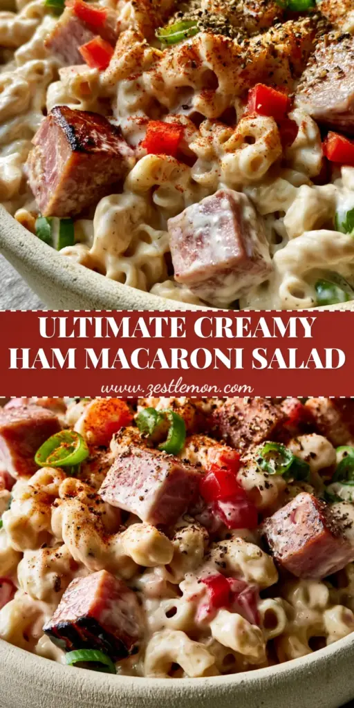 Macaroni Salad with Ham: The Ultimate Creamy Deli-Style Recipe 3 A close-up of a creamy macaroni salad with ham, diced red peppers, and scallions in a ceramic bowl. (Macaroni salad with ham)