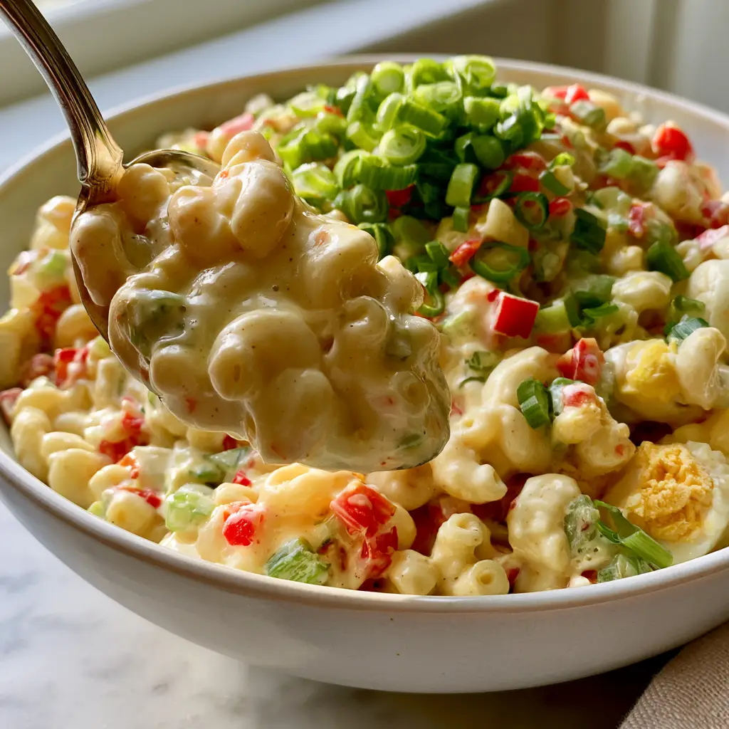 Dolly Parton Macaroni Salad: The Creamiest Southern Recipe 1 A silver spoon scooping a portion of Dolly Parton macaroni salad, highlighting the thick velvety consistency and red bell pepper confetti.