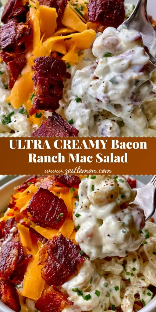Bacon Ranch Macaroni Salad with Crispy Bacon and Sharp Cheddar 4 A close-up vertical shot of bacon ranch macaroni salad in a white bowl, featuring crispy bacon bits, orange cheddar shards, and glossy dressing with a fork lifting a bite.