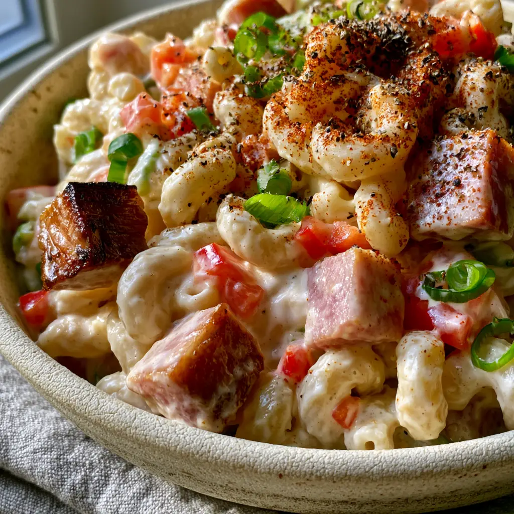 Overhead view of velvet-textured macaroni salad with ham cubes and smoked paprika dusting. (Macaroni salad with ham)