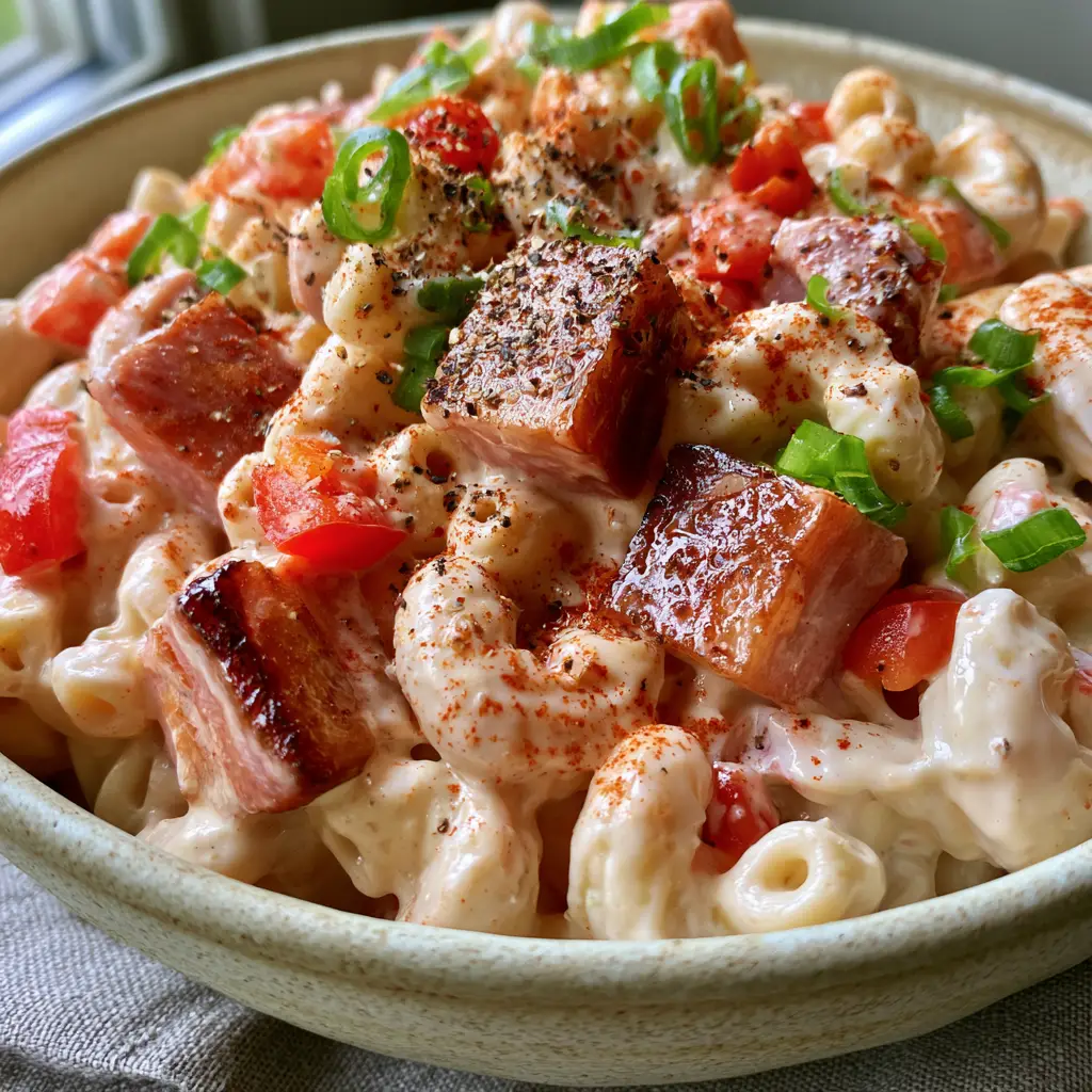 Macaroni Salad with Ham: The Ultimate Creamy Deli-Style Recipe 1 Close-up detail of honey-glazed ham cubes with darkened edges in a creamy pasta salad.