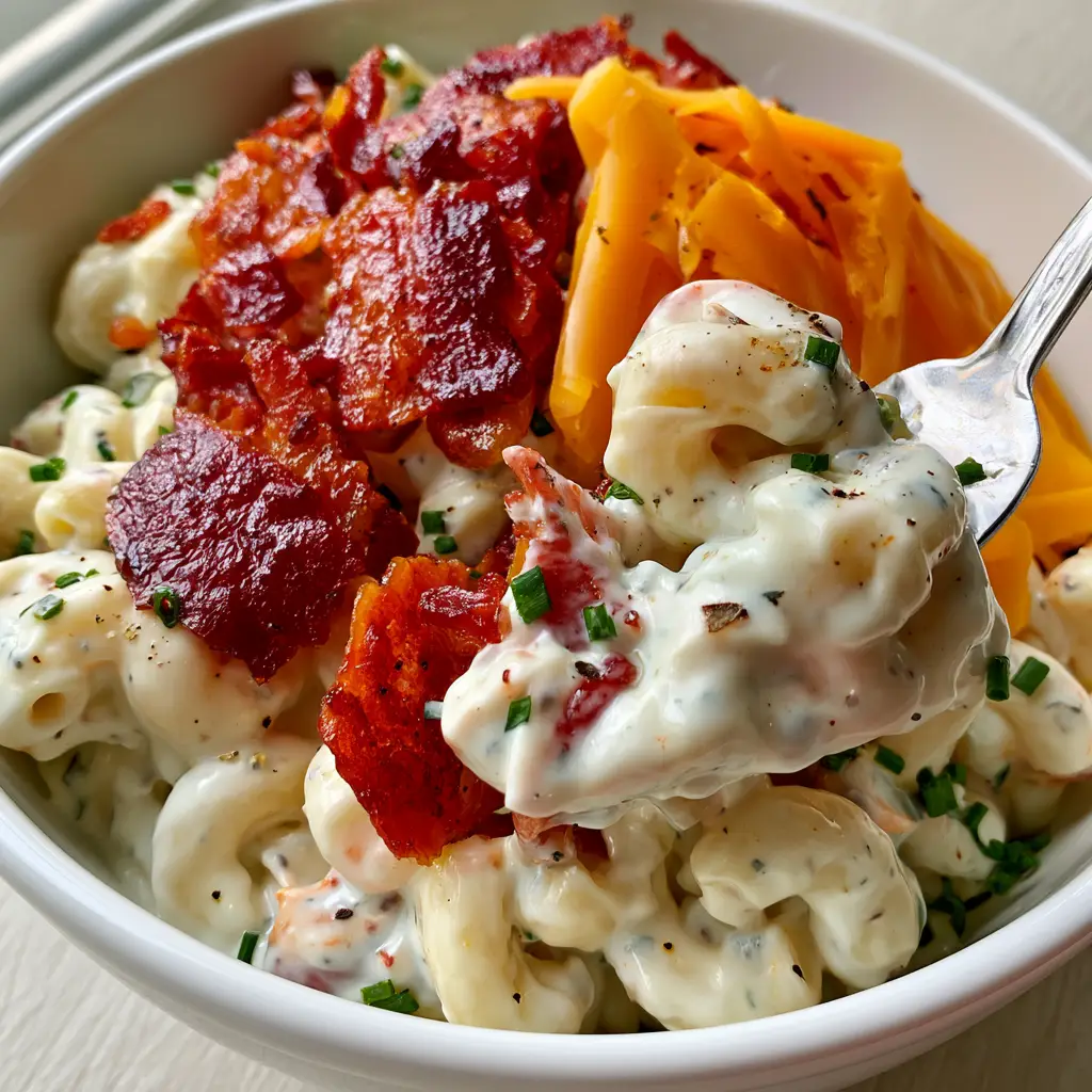 A handheld smartphone photo of a white ceramic bowl filled with vibrant bacon ranch macaroni salad, showcasing the thick glossy ranch and deep-red bacon chunks.