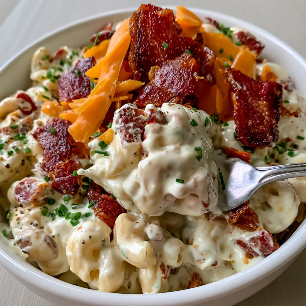 Bacon Ranch Macaroni Salad with Crispy Bacon and Sharp Cheddar 1 A 45-degree angle close-up of bacon ranch macaroni salad with focus on the hand-shredded cheddar shards and cracked black pepper garnish.