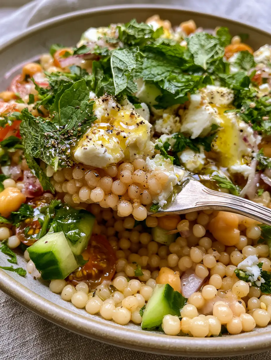 Mediterranean Couscous Salad with Pearl Grains and Zesty Lemon Vinaigrette 3 Macro close-up of glistening ivory pearl couscous with bright green cucumber and jewel-toned tomatoes. (mediterranean couscous salad)
