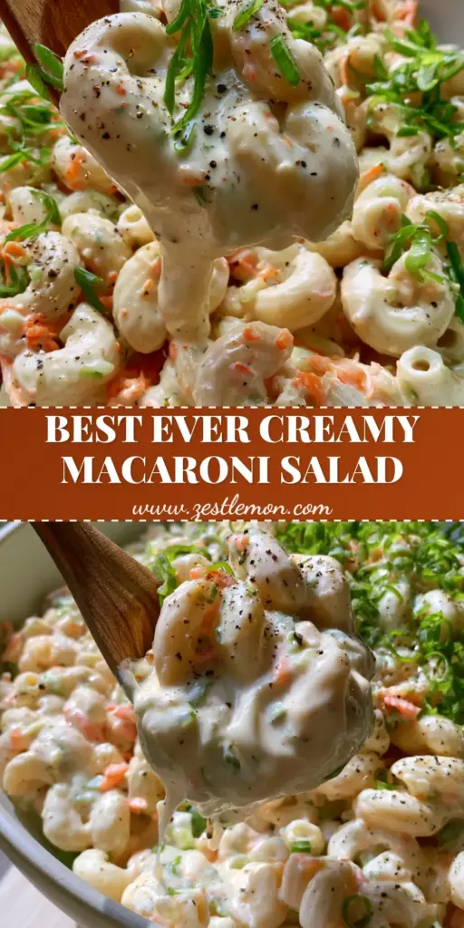 Creamy tangy macaroni salad: The Ultimate Hawaiian-Style Recipe 4 A large shallow bowl of Creamy tangy macaroni salad with a wooden spoon lifting a glossy scoop of ivory-colored dressing and plump pasta.