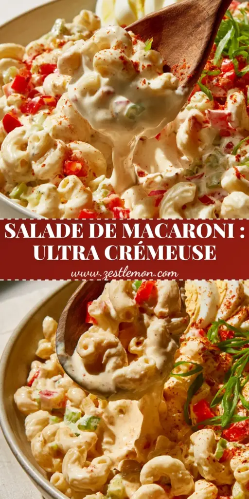 Salade de Macaroni : La Recette Ultra-Crémeuse et Classique 4 A rustic wooden spoon lifting a creamy portion of salade de macaroni from a ceramic bowl, showing the glossy dressing and vibrant peppers.