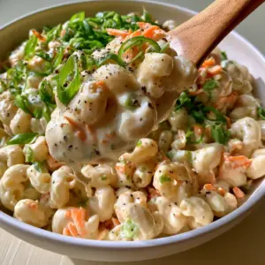 Close up of Creamy tangy macaroni salad showing the thick glossy mayonnaise dressing, orange carrots, and green scallions.
