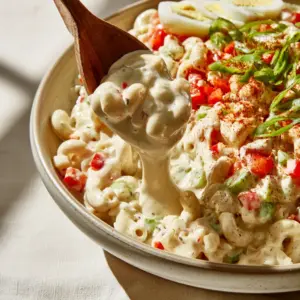 Overhead view of a modern bowl filled with salade de macaroni topped with egg slices and paprika.