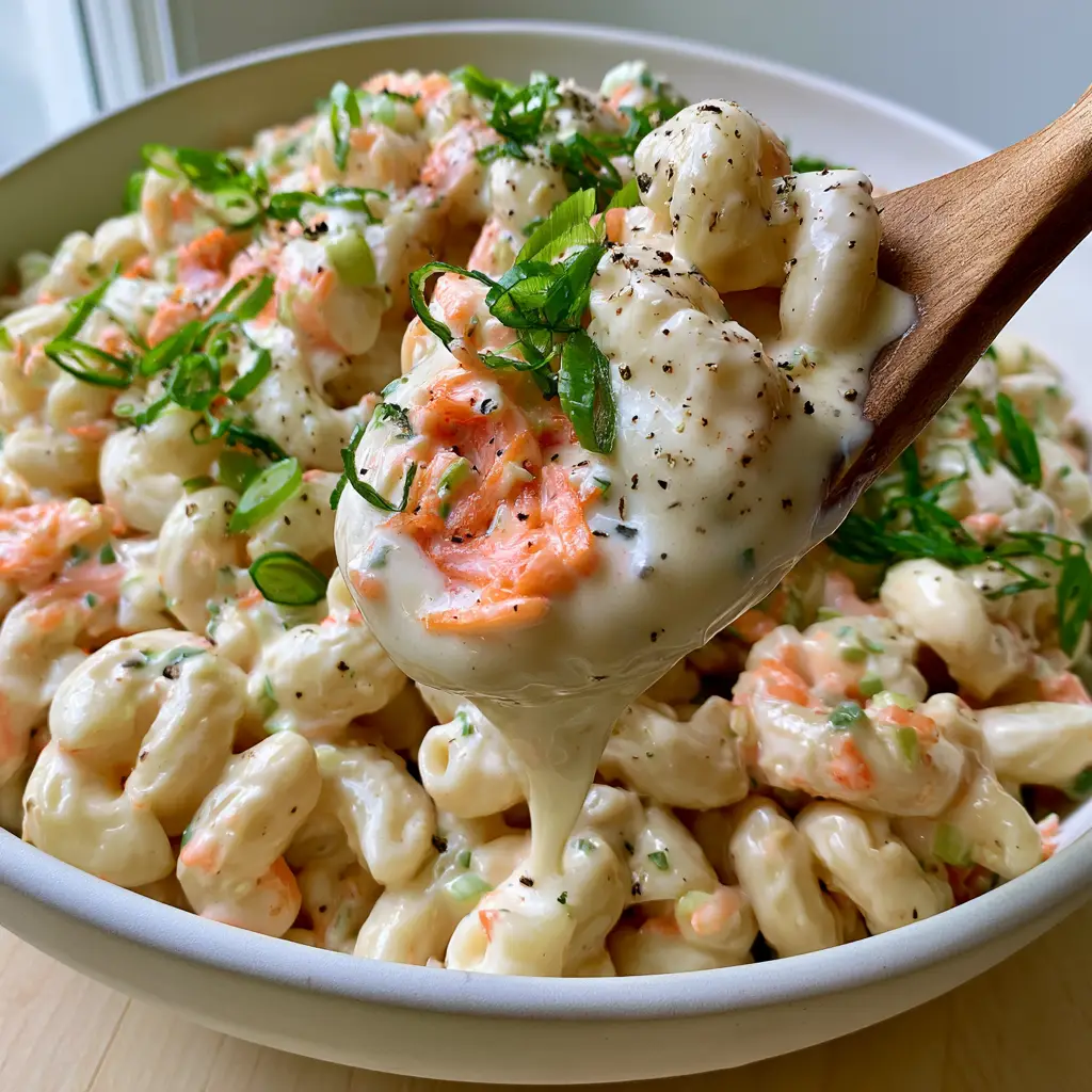 Creamy tangy macaroni salad: The Ultimate Hawaiian-Style Recipe 1 Top down view of Creamy tangy macaroni salad in a white ceramic bowl with heavy cracked black pepper.