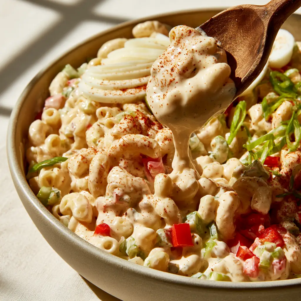 Salade de Macaroni : La Recette Ultra-Crémeuse et Classique 1 Close up of elbow macaroni coated in thick mayonnaise dressing with red peppers and celery (salade de macaroni).