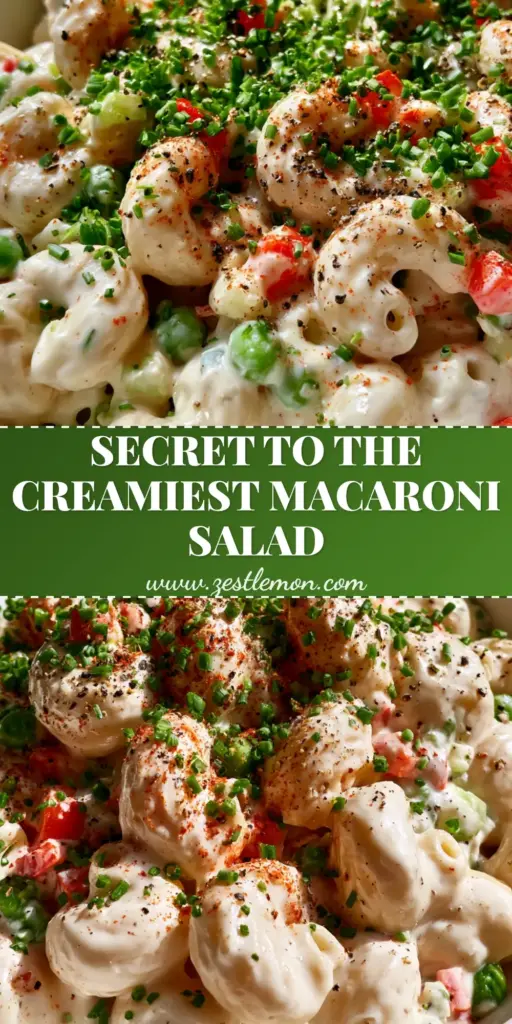 A wide white ceramic bowl filled with Gordon Ramsay macaroni salad, featuring a velvet-smooth ivory sauce, green peas, red peppers, and a heavy garnish of chives and smoked paprika.