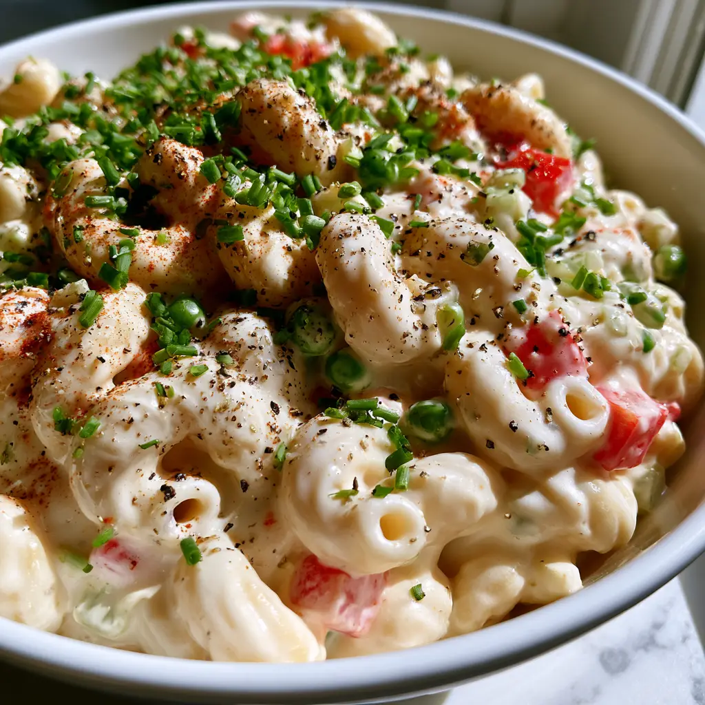 Close-up of al dente elbow macaroni shells drenched in a glossy, velvet-smooth pale ivory cream sauce. (Gordon Ramsay macaroni salad)