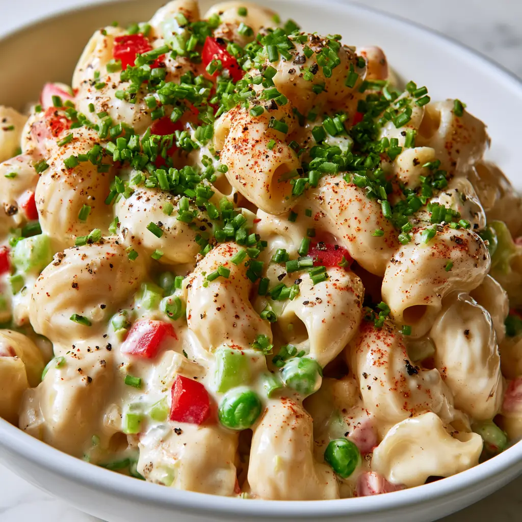 Uniformly diced red peppers and vibrant green peas mixed into a rich, creamy Gordon Ramsay macaroni salad.