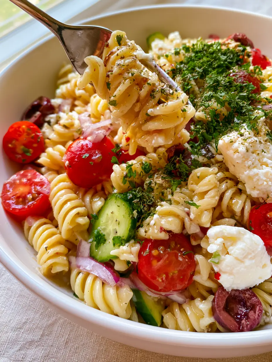 Pasta salad recipe with Zesty Lemon-Herb Vinaigrette and Feta 4 Macro photo of al dente rotini pasta coated in glossy dressing with tomatoes and cucumbers. (Pasta salad recipe)