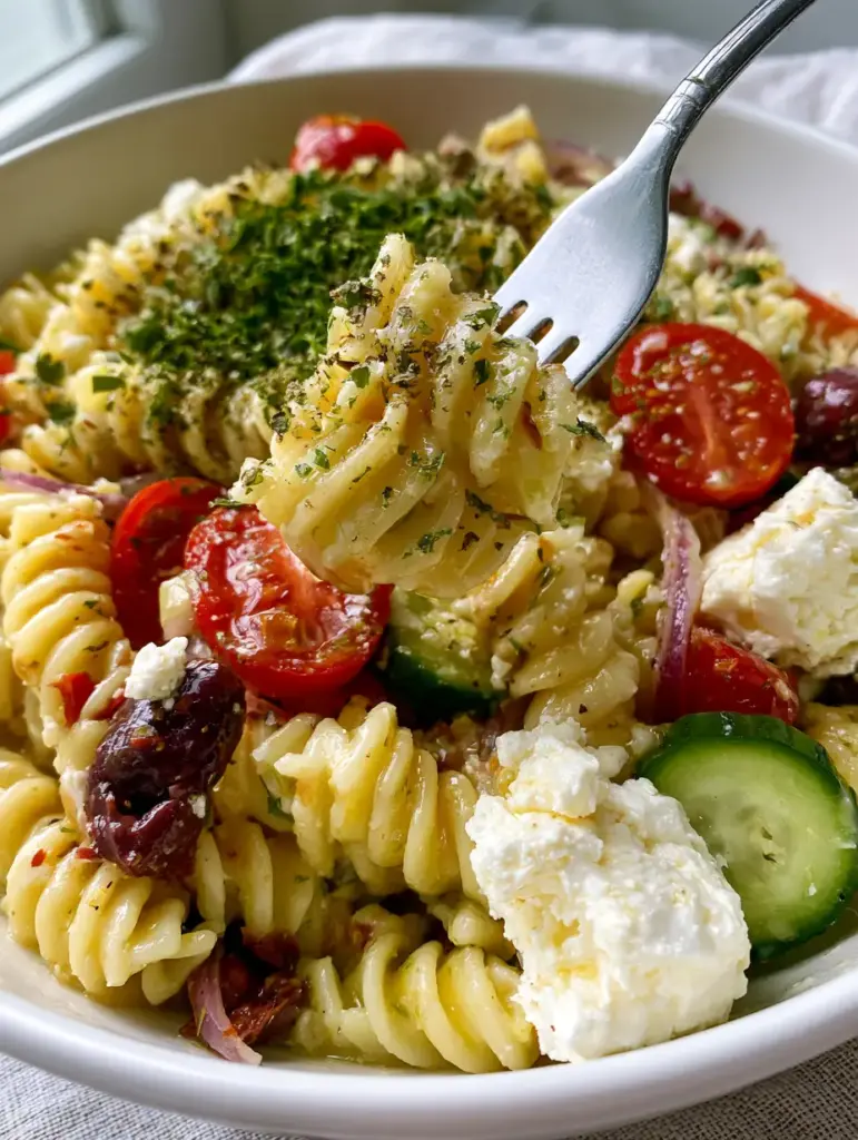 Pasta salad recipe with Zesty Lemon-Herb Vinaigrette and Feta 1 A silver fork lifting a swirl of rotini pasta from a white bowl of Mediterranean salad.