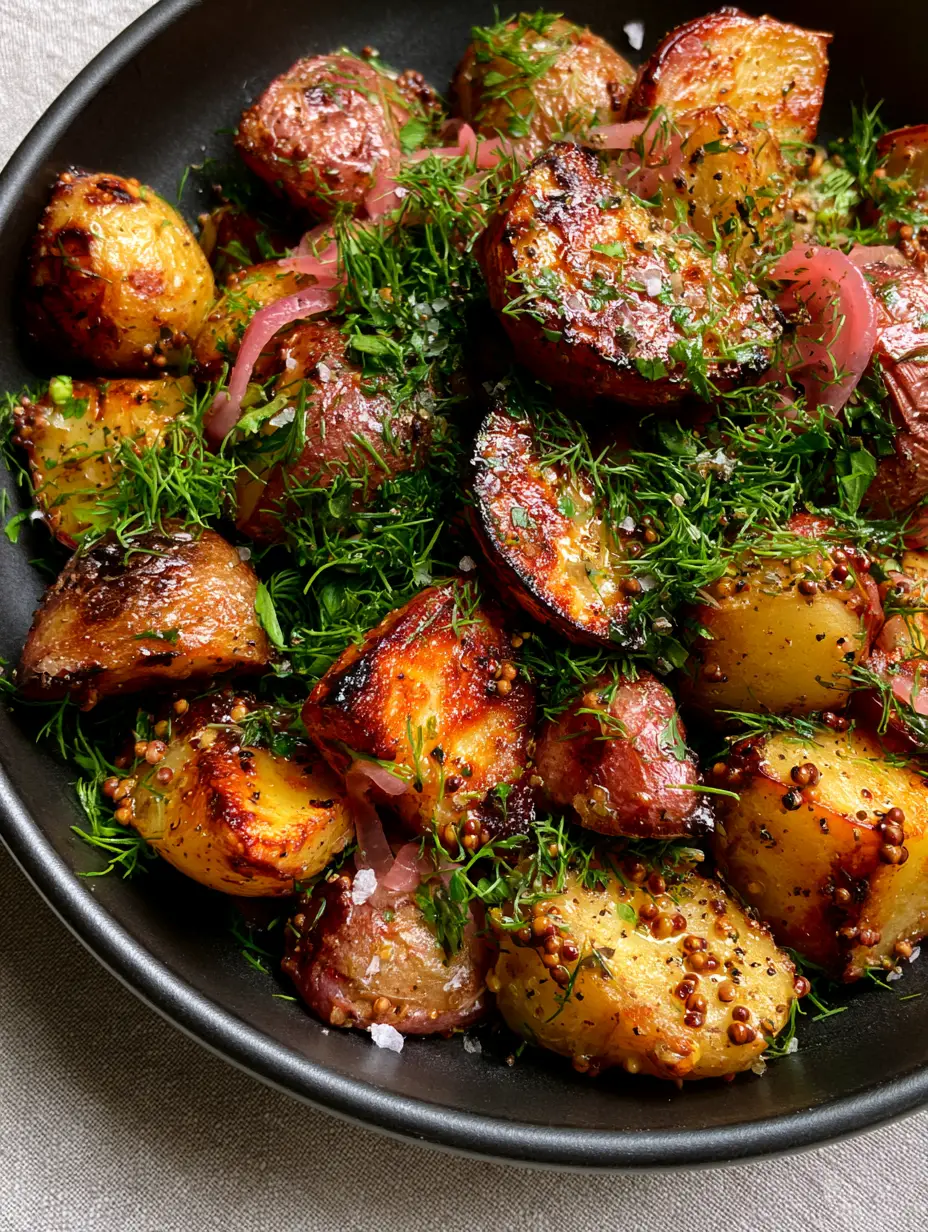 Macro shot of Roasted Potato Salad showing glistening whole-grain mustard seeds and blistered potato skins.